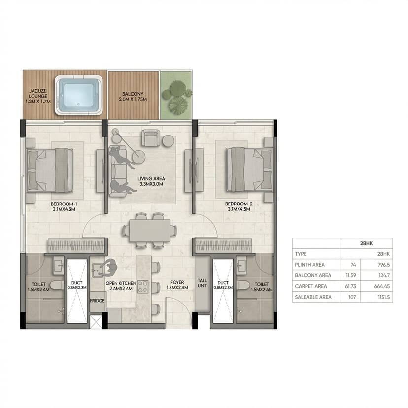 2 BHK Apartment Floor Plan